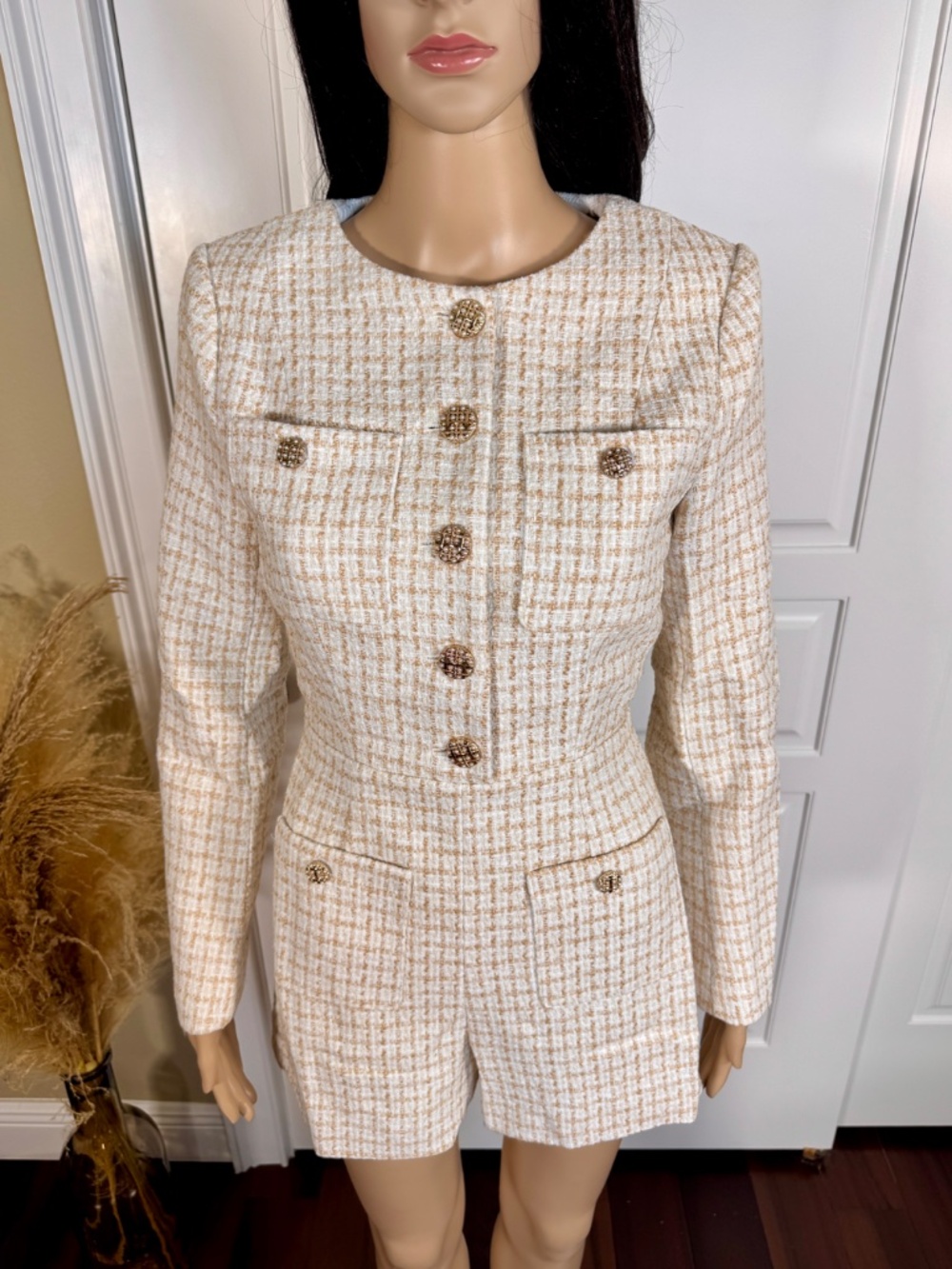 IVORY AND GOLD LONG SLEEVE WOMEN'S TWEED ROMPER WITH POCKETS - NWOT - Picture 7 of 17